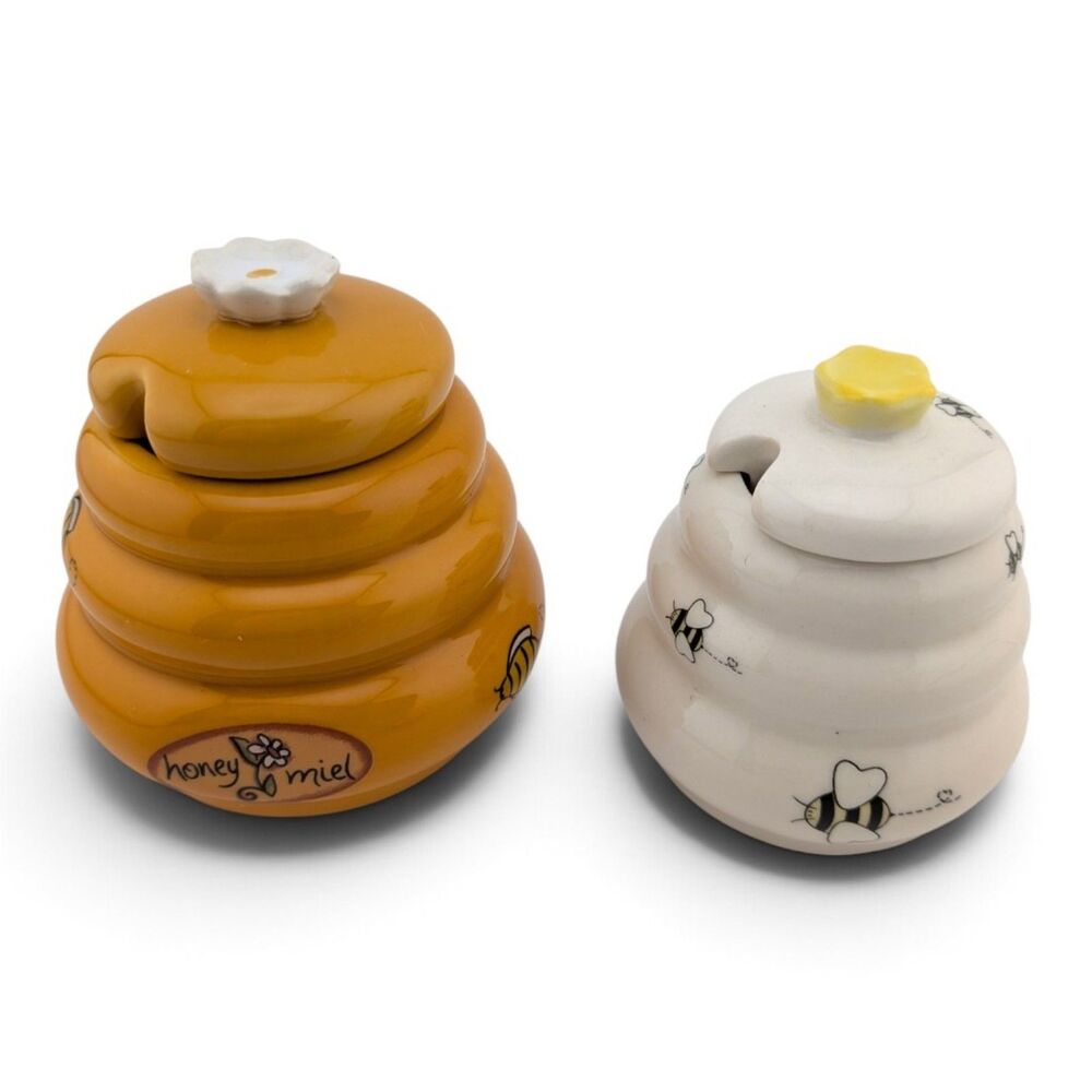 Ceramic Honey Pots Jars w Lids Bee Design Honey Miel Set of 2 Yellow Cream